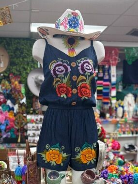 Mexican Denim Romper with Floral Multicolor Embroidery